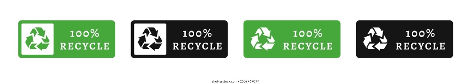 Rótulo 100% de reciclagem. Ícone Reciclagem. Símbolo ecológico. Sem desperdício - reciclar, reutilizar e reduzir ícones. Rótulo de reciclagem. Reciclar crachá