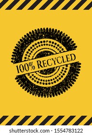 100% Recycled black grunge emblem with yellow background. Vector Illustration. Detailed.