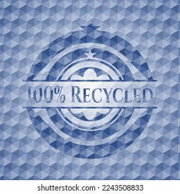 100% Recycled blue badge with geometric background. Vector Illustration. Detailed. 