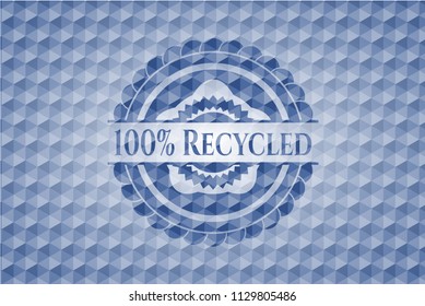 100% Recycled blue emblem or badge with abstract geometric pattern background.