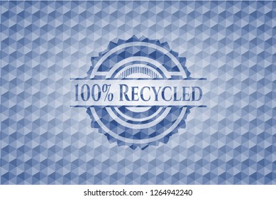 100% Recycled blue emblem with geometric pattern background.