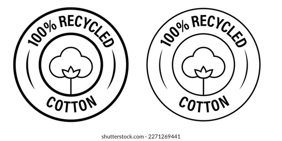 100% recycled cotton vector icon with cotton symbol, black in color, rubber stamp