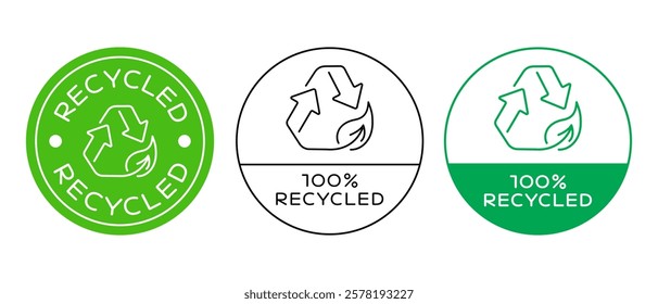 100% Recycled Icon Badge Sign. Eco Friendly Logo Label Vector Design.