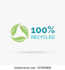 100% recycled icon design. Recycle leaf symbol. Recycle design with circular green leaves logo. Vector illustration.