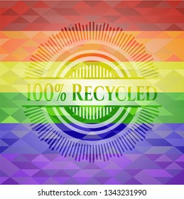 100% Recycled on mosaic background with the colors of the LGBT flag