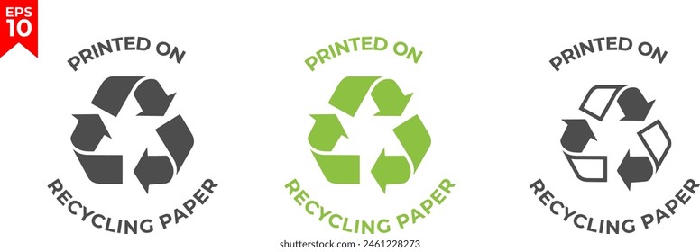 100% recycled paper label. Eco friendly packaging symbol. Printed on recycling paper icon. Flat design. Vector illustration.