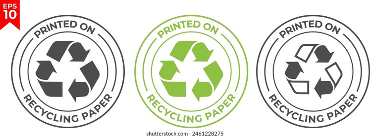 100% recycled paper label. Eco friendly packaging symbol. Printed on recycling paper icon. Flat design. Vector illustration.