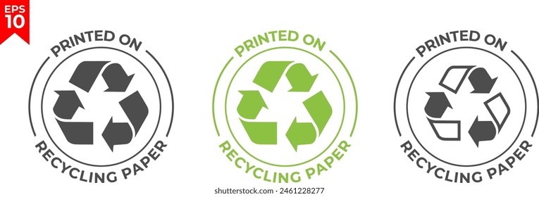 100% recycled paper label. Eco friendly packaging symbol. Printed on recycling paper icon. Flat design. Vector illustration.