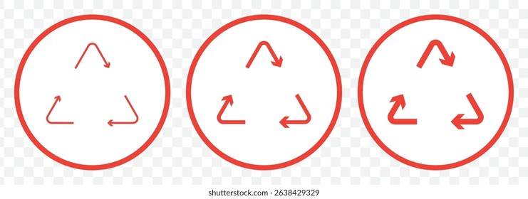 100% recycled paper label. Eco friendly packaging symbol. Printed on recycling paper icon. Flat design. Vector illustration in Red Color on Transparent Background. EPS 10.
