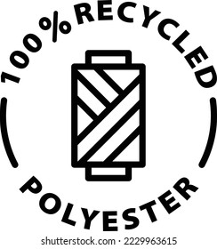 100% recycled polyester fabric icon. Isolated vector black outline stamp label rounded badge product tag on transparent background. Symbol.