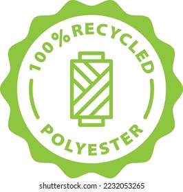 100% recycled polyester green stamp. Symbol, outline icon, tag, badge, label, circle, green white vector round isolated on transparent background.