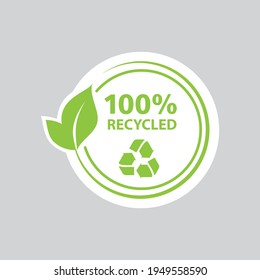 100% recycled sticker, stamp, label, vector.