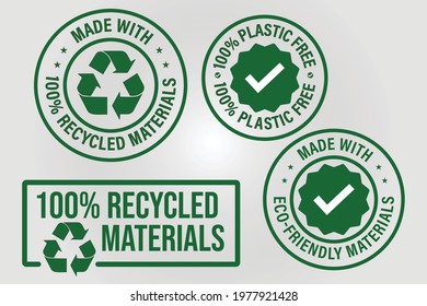 100% recycled vector icon set such  as 'made with Eco friendly materials, made with recycled materials and 100% plastic free' - Shutterstock ID 1977921428