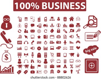100 red business icons set, signs, vector