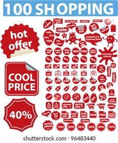 100 red shopping sales icons, stickers, labels tags, set, vector