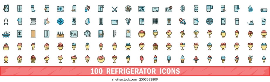 100 refrigerator icons set. Color line set of refrigerator vector icons thin line color flat on white