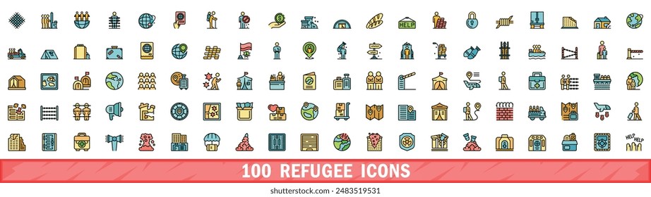 100 iconos de refugiados. Conjunto de línea de color de iconos de vector de refugiados línea fina de color plana en blanco