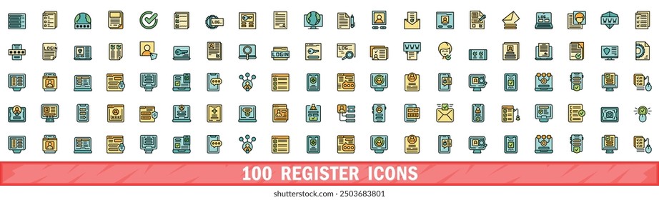 100 register icons set. Color line set of register vector icons thin line color flat on white