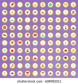 100 religion icons set in cartoon style on purple background vector illustration