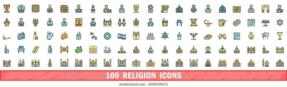 100 religion icons set. Color line set of religion vector icons thin line color flat on white