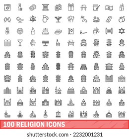 100 religion icons set. Outline illustration of 100 religion icons vector set isolated on white background