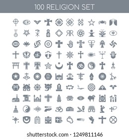 100 religion universal icons pack with Angel, Cross, Dove, Bible, Rosary, Mosque, Stained glass, Islam, Holy star