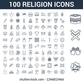 100 Religion universal linear icons set with Halal, Dua Hands, Reading Quran, Kaaba Mecca, Islamic Lantern, Arabic Art, Genie Lamp, Holy Palm Tree Date, Allah Word