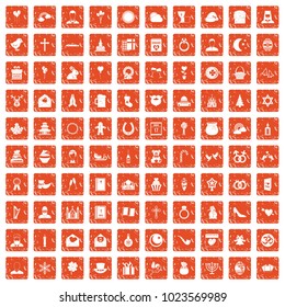 100 religious festival icons set in grunge style orange color isolated on white background vector illustration