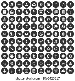 100 religious festival icons set in simple style white on black circle color isolated on white background vector illustration