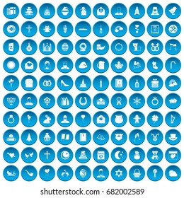 100 religious festival icons set in blue circle isolated on white vector illustration
