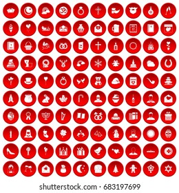 100 religious festival icons set in red circle isolated on white vector illustration