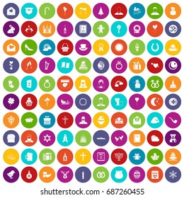 100 religious festival icons set in different colors circle isolated vector illustration