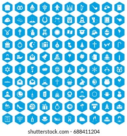 100 religious festival icons set in blue hexagon isolated vector illustration