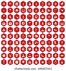 100 religious festival icons set in red hexagon isolated vector illustration