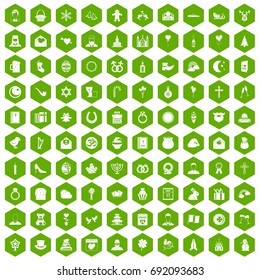 100 religious festival icons set in green hexagon isolated vector illustration