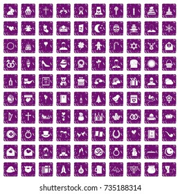 100 religious festival icons set in grunge style purple color isolated on white background vector illustration