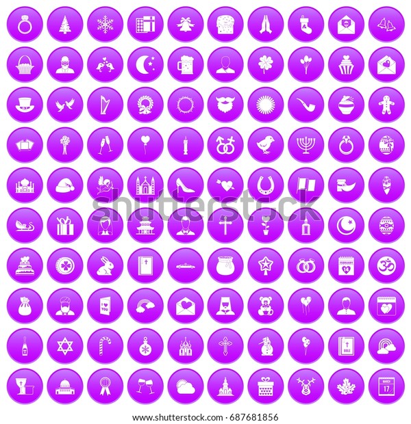 100 religious festival icons set in\
purple circle isolated on white vector\
illustration
