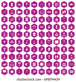 100 renovation icons set in violet hexagon isolated vector illustration