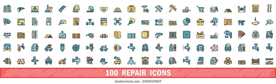 100 iconos de reparación establecidos. Conjunto de línea de color de iconos de vector de reparación línea fina de color plana en blanco