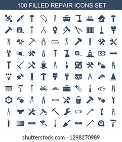 100 repair icons. Trendy repair icons white background. Included filled icons such as paint roller, measure tape, garden hammer, level ruler, trowel. repair icon for web and mobile.