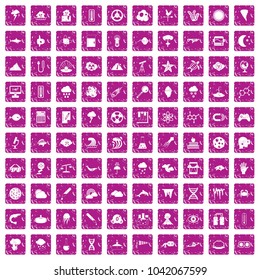 100 research icons set in grunge style pink color isolated on white background vector illustration