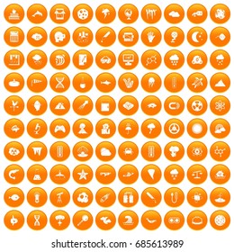 100 research icons set in orange circle isolated on white vector illustration