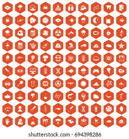 100 research icons set in orange hexagon isolated vector illustration