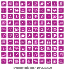 100 researcher science icons set in grunge style pink color isolated on white background vector illustration