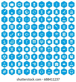 100 researcher science icons set in blue hexagon isolated vector illustration