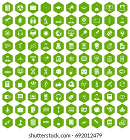 100 researcher science icons set in green hexagon isolated vector illustration