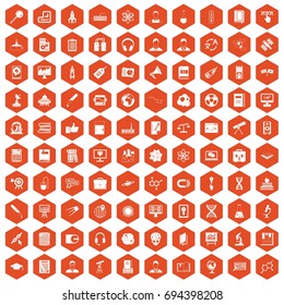 100 researcher science icons set in orange hexagon isolated vector illustration