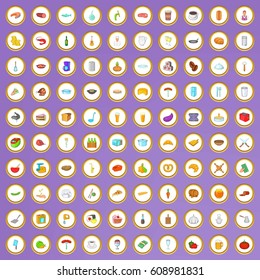 100 restaurant icons set in cartoon style on purple background vector illustration