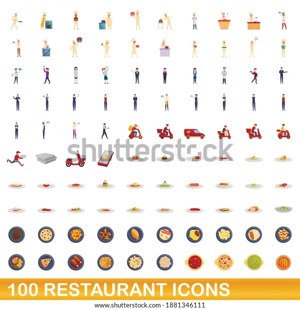 100 restaurant\
icons set. Cartoon illustration of 100 restaurant icons vector set\
isolated on white\
background
