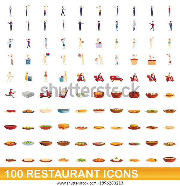 100 restaurant
icons set. Cartoon illustration of 100 restaurant icons vector set
isolated on white
background